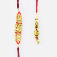 Lining Diamond Rakhi for Brother with Golden Bead Lumba Rakhi