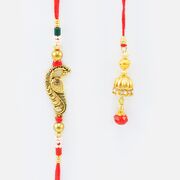 Golden Peacock Brother Rakhi with Golden Color Red Bead Lumba Rakhi