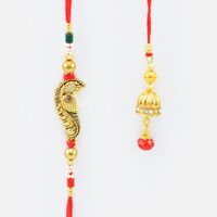 Golden Peacock Brother Rakhi with Golden Color Red Bead Lumba Rakhi