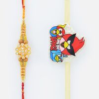 Floral Shaped Sandalwood Rakhi for Brother with Angry Bird Kid Rakhi