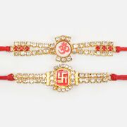 Jewel Studded Red Colored Sacred Om and Swastika Brother Rakhis 