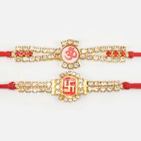 Jewel Studded Red Colored Sacred Om and Swastika Brother Rakhis 