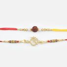 Auspicious Rudraksha and Silver Om in Mid of Mauli Thread Amazing Looking Rakhis for Brother
