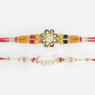 Flower Shape Meena Work Sandalwood Design Rakhi with Bro Written Design Rakhi Set of 2 Rakhi