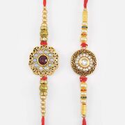 Whitish Color Spotted Design Stone and Meenakari Work Nice Looking Beaded Rakhis for Brother