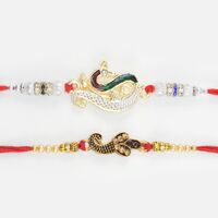 Unique Shaded Silver Design Peacock and Ganesha with Beads Fine Work Rakhi Set of 2