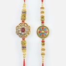 Rose Flower Design Pear Type Diamonds Studded Unique Meenakari Work Rakhis for Brother