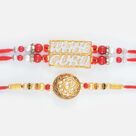 Wahe Guru Written Coin Shape Design Diamond Dotted Jewels Set of Rakhis