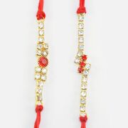 Diamond Studded Stunning Liner Red Mauli Rakhi Set for 2 Brothers