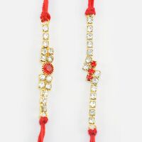 Diamond Studded Stunning Liner Red Mauli Rakhi Set for 2 Brothers