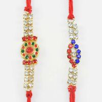 Meenakari Work on Golden Base with Red and Blue Stone New Unique Rakhi Set of 2