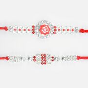 Divine Red Base Om Written Silver Rakhi with New Pattern Rakhi for Brother Set of 2