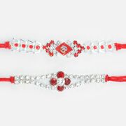 Sacred Om Written Red and Silver Shade Rakhi Mauli Thread Fancy Rakhis Set of 2