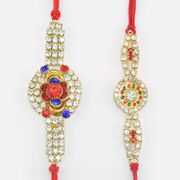Round Shape Jewel Studded Colored New Pattern Flower and Meena Work Rakhis for Brother