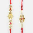 Golden Flower in Mid of Two Handcrafted Stone Dotted Mauli Rakhi Set 