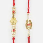 Golden Flower in Mid of Two Handcrafted Stone Dotted Mauli Rakhi Set 