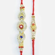 Red and Blue Stone Studded on Golden Base and Rhombus Shape Jewel Rakhis Set of 2 Rakhis