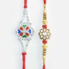 Stylish Meena Work on Jewel Rakhi and Stone on Flower Rakhi Mauli Thread 2 Rakhis Set