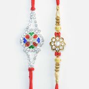 Stylish Meena Work on Jewel Rakhi and Stone on Flower Rakhi Mauli Thread 2 Rakhis Set