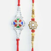 Stylish Meena Work on Jewel Rakhi and Stone on Flower Rakhi Mauli Thread 2 Rakhis Set