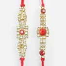 Red Stone Scattered in Mid of Shining Jewels Nice Looking Fine Work Rakhi Set of Brother Rakhis