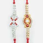 Stylish Pattern Plotted Two Amazing Looking Gold and Silver Color Rakhis Set for Brother