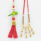Parrot Design Red Thread Lumba and Beaded Multi Liner Two Lumba Rakhi Set