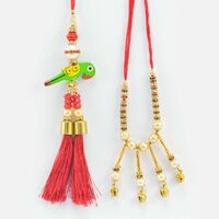 Parrot Design Red Thread Lumba and Beaded Multi Liner Two Lumba Rakhi Set