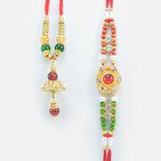 Kundan Studded Meena Work Rakhi for Brother with Fine Work Lumba Rakhi Set