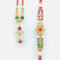 Kundan Studded Meena Work Rakhi for Brother with Fine Work Lumba Rakhi Set
