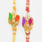 Multi Color Tri Threaded Dazzling Zardosi Rakhi Set of 2