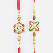 Meena Work on Different Flower Design Mauli Rakhi Set of 2