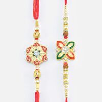 Meena Work on Different Flower Design Mauli Rakhi Set of 2