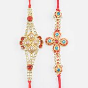 Pearl and Blue Stone Studded Diamond Amazing Rakhi Set of 2