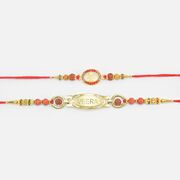 Divine Kalash in Jewel Ring and Veera Written Golden Rakhi Set of 2