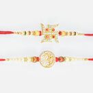 Jewel Studded Nice Looking Swastika and Om Golden Base Rakhi Set of 2