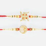 Jewel Studded Nice Looking Swastika and Om Golden Base Rakhi Set of 2