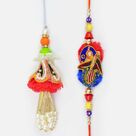 Zardosi Work Peacock Bhai Rakhi with Matching Lumba Beads Rakhi Set of Bhaiya Bhabhi