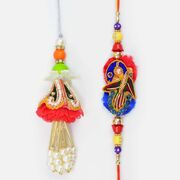 Zardosi Work Peacock Bhai Rakhi with Matching Lumba Beads Rakhi Set of Bhaiya Bhabhi