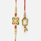 Flower Pattern Rudraksha Bhai Rakhi and Big White Beads Unique Bhabhi Rakhi Set of 2