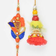 Orange and Blue Colored Zardosi Work Bhai Rakhi with Red Lumba Rakhi