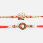 2 Brother Rakhis of Bro Written and Big White Beaded Mauli Rakhi Set