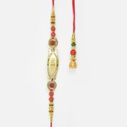 Veera Written On Golden Base and Beaded Hanging Lumba Rakhi Set of Bhaiya Bhabhi