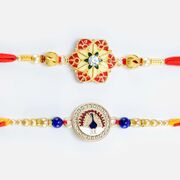 Flower Shape and Peacock Crafted Shining Pearl Rakhis Set of 2