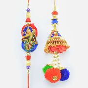 Blue and Red Colored Nice Looking Zardosi Bhaiya Bhabhi Rakhi Set of 2