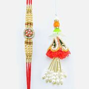 Muliti Liner Round Shape Jewel Rakhi with Red Lumba Rakhi Set of Bhaiya Bhabhi
