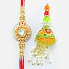 Circular Shape Beads and Pearl Hand Crafted Zardosi Rakhis Set of 2