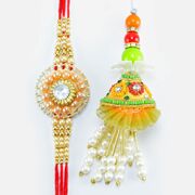 Circular Shape Beads and Pearl Hand Crafted Zardosi Rakhis Set of 2