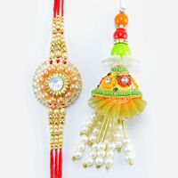 Circular Shape Beads and Pearl Hand Crafted Zardosi Rakhis Set of 2