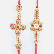 Blue Stone and Pearl Studded Meena Work Beautiful Shining Rakhi Set of 2